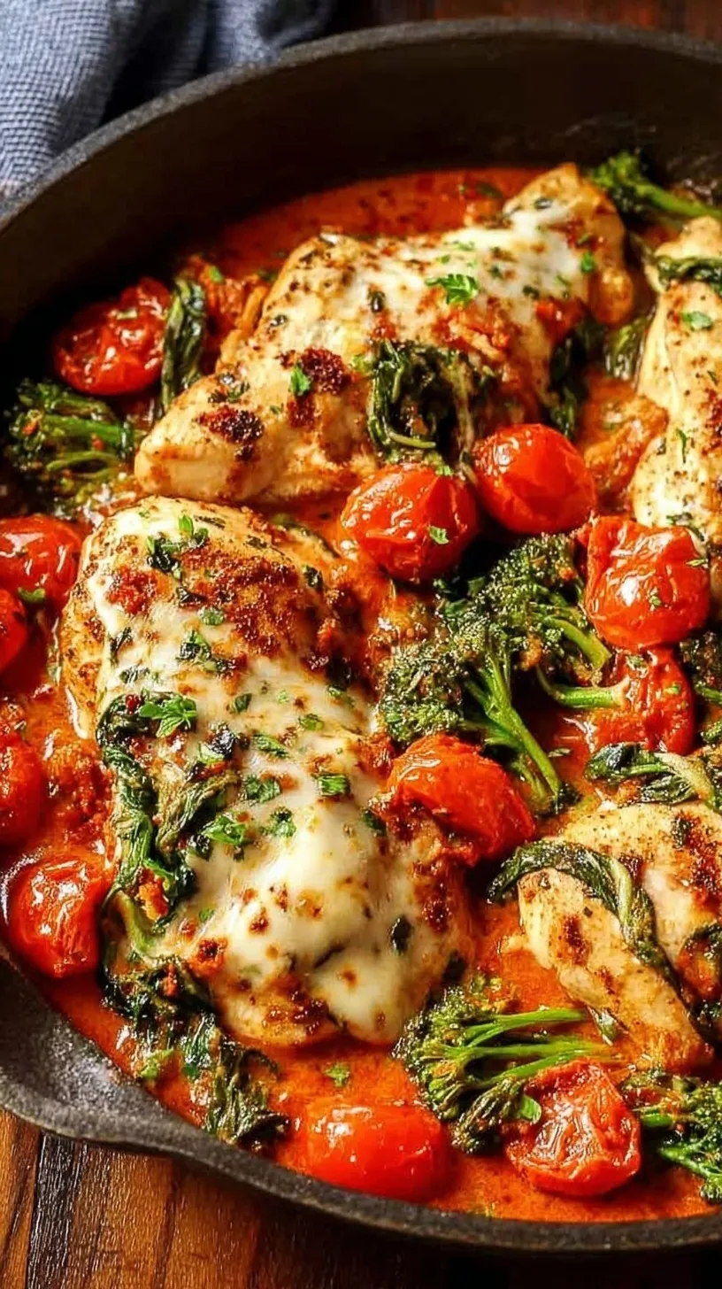 Golden seared chicken breasts in a creamy garlic sauce with spinach and sun-dried tomatoes in a skillet.