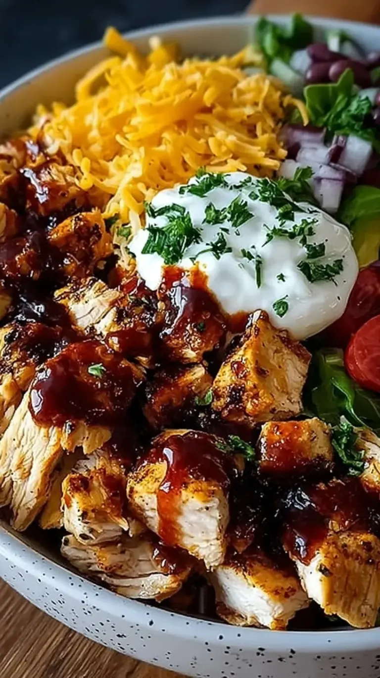 A vibrant meal prep bowl with grilled chicken, brown rice, broccoli, corn, and black beans drizzled with creamy BBQ ranch.