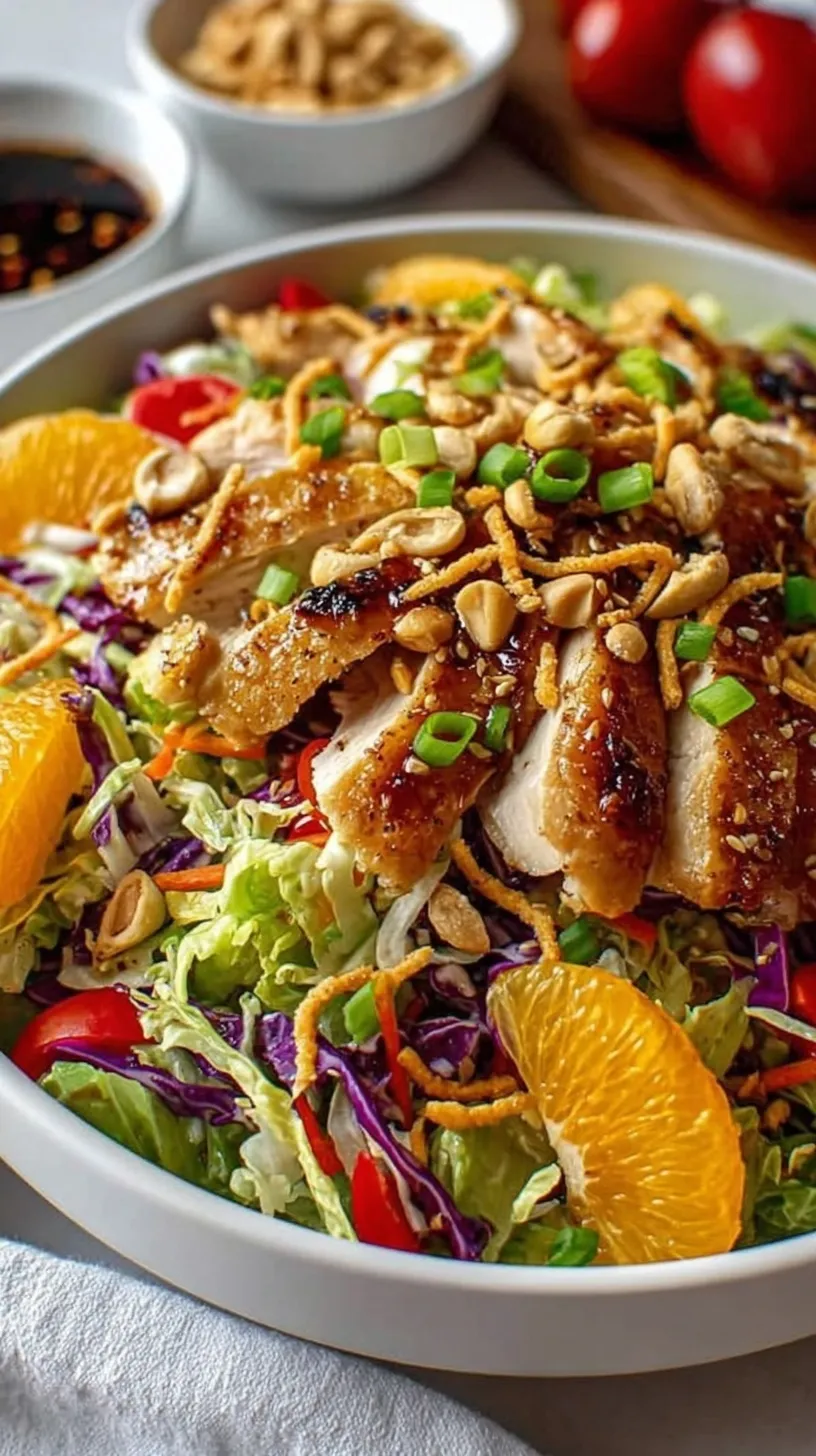 A vibrant mandarin chicken salad in a bowl with orange segments, almonds, and green onions.