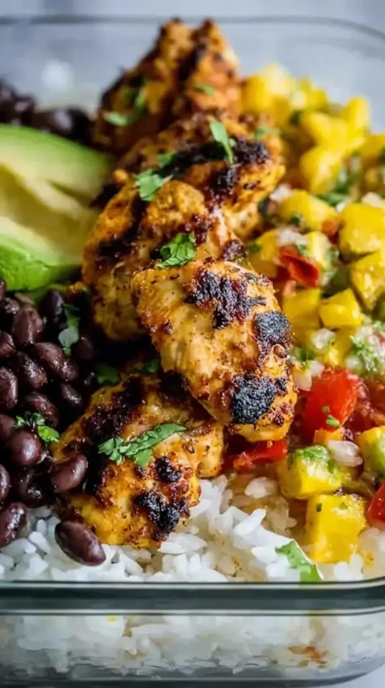 Four glass meal prep containers filled with jasmine rice, golden honey-lime chicken, and colorful mango bell pepper salsa.