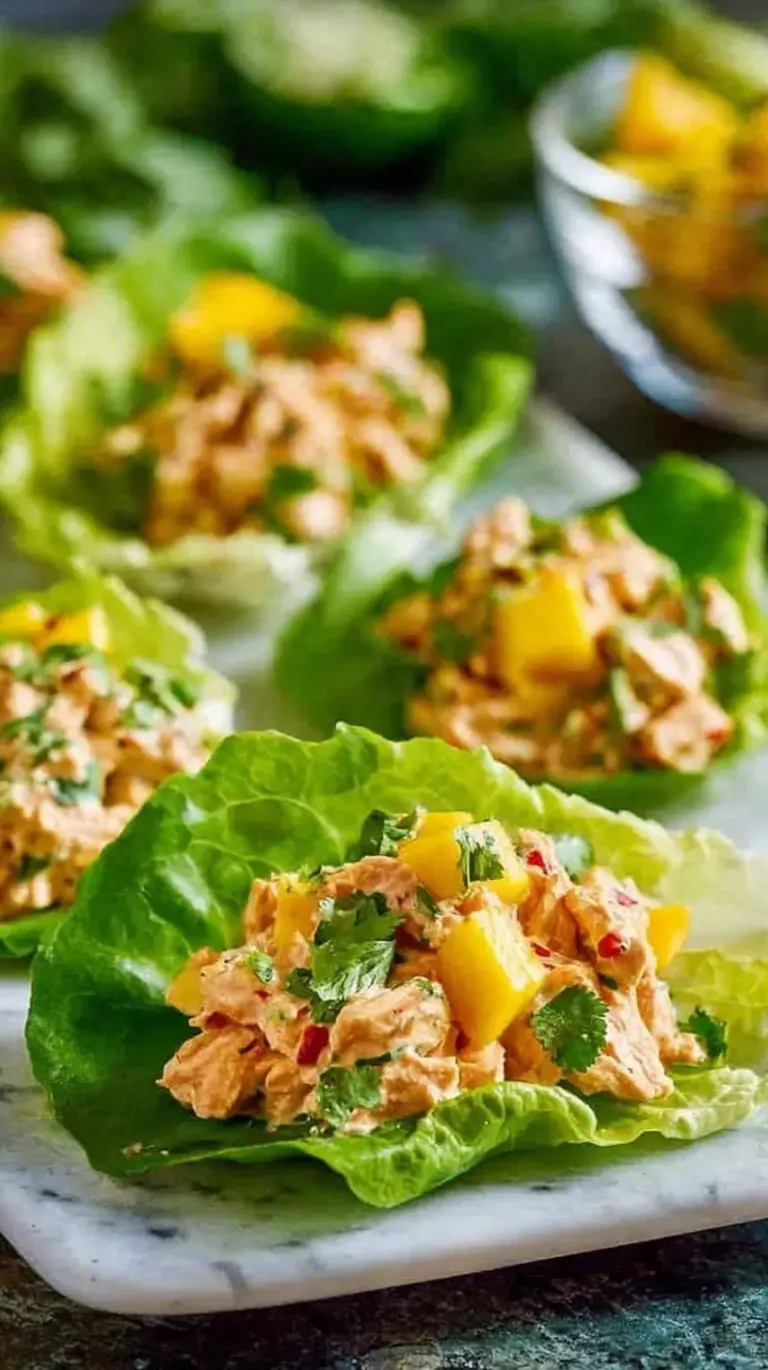 Close up of Mango Chipotle Chicken Salad served in bright green butter lettuce cups on a white platter.