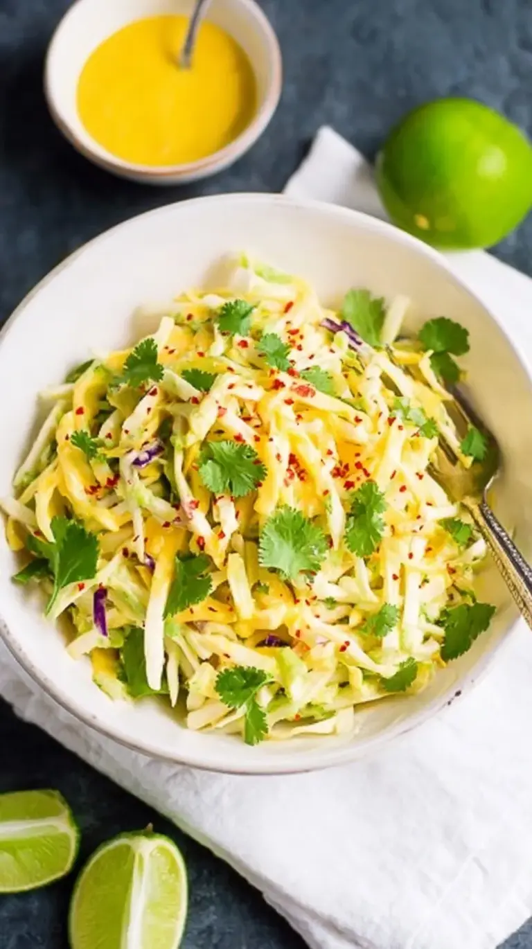A vibrant bowl of Mango Jicama Slaw with julienned mango, jicama, and red peppers