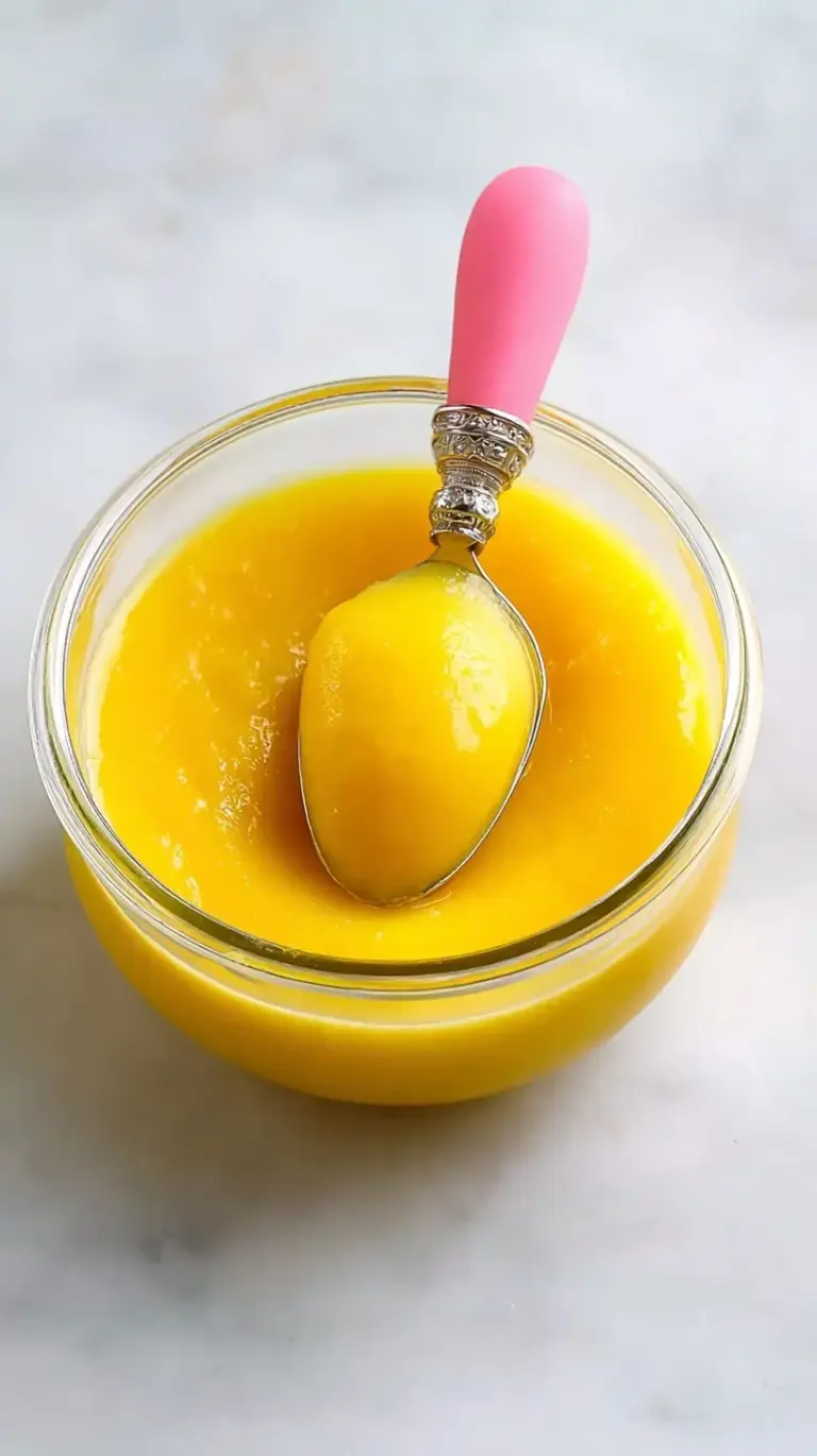 Smooth golden mango puree in a small glass jar with a baby spoon