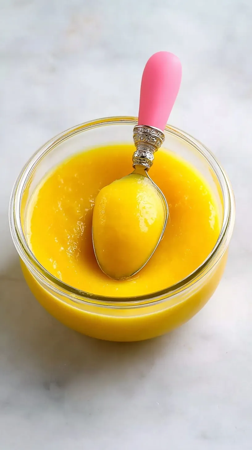 Smooth golden mango puree in a small glass jar with a baby spoon