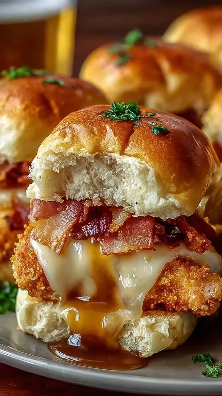 Golden brown maple chicken bacon sliders topped with melted gouda on a baking sheet.