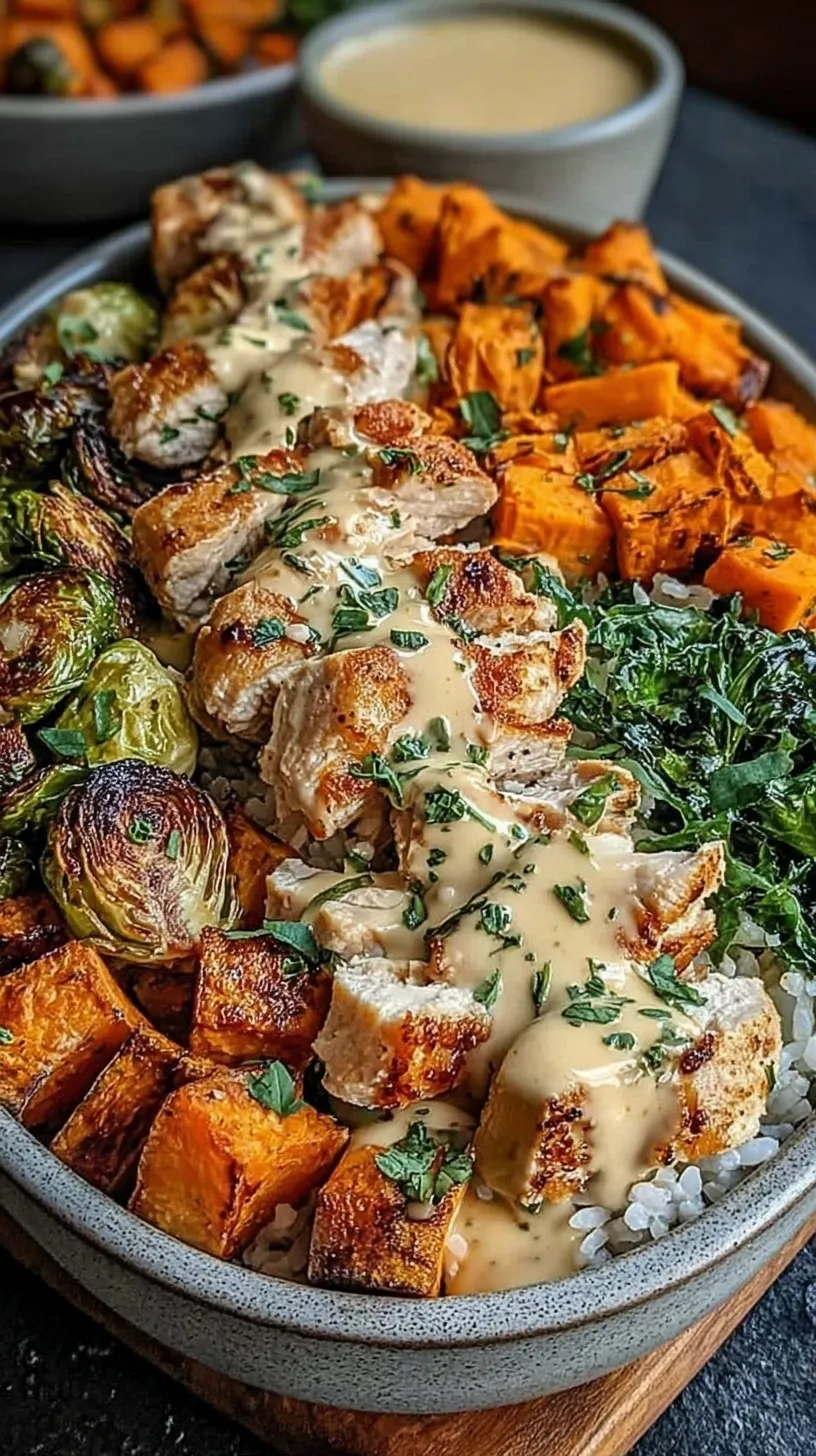A sheet pan filled with roasted sweet potatoes, broccoli, and chicken cubes in a maple dijon glaze.