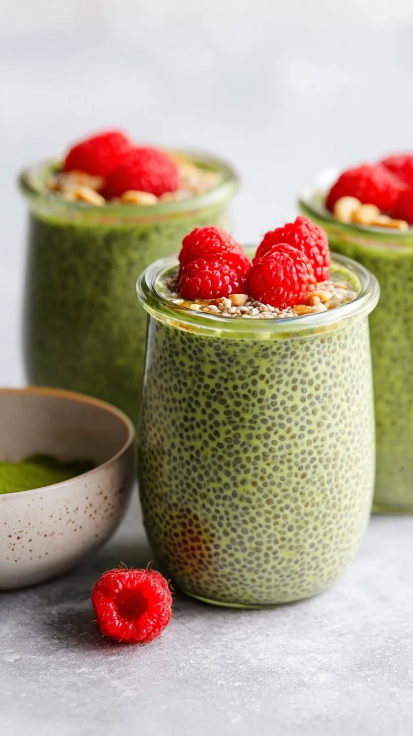 A glass jar filled with green matcha chia pudding topped with fresh berries and coconut flakes