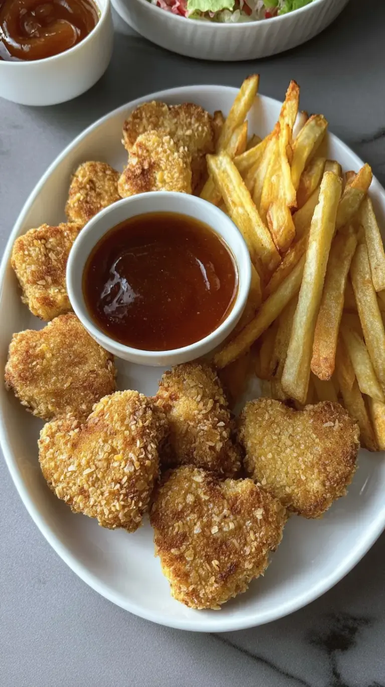 Golden brown air fryer chicken nuggets and crispy fries served on a platter with dipping sauce