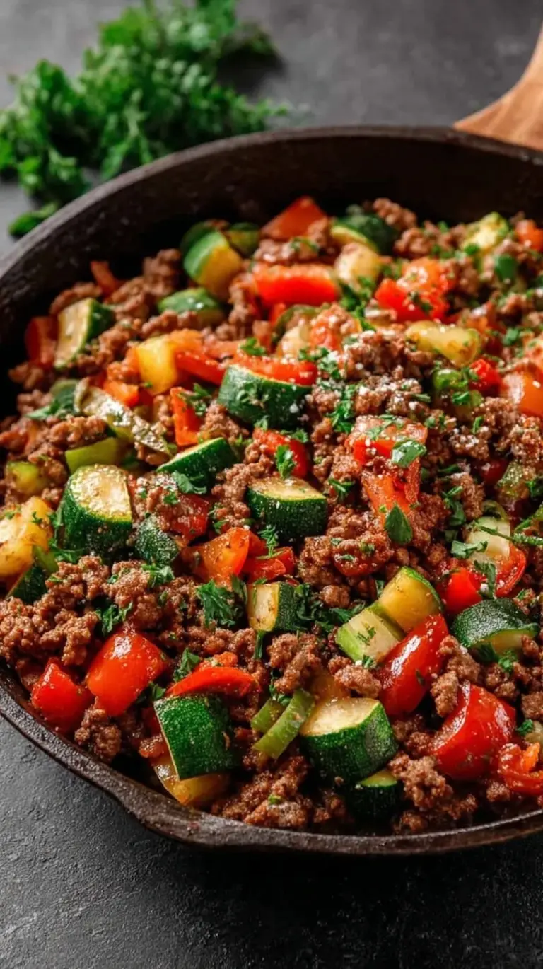 A colorful ground beef veggie skillet with zucchini, peppers, and onions in a black pan.
