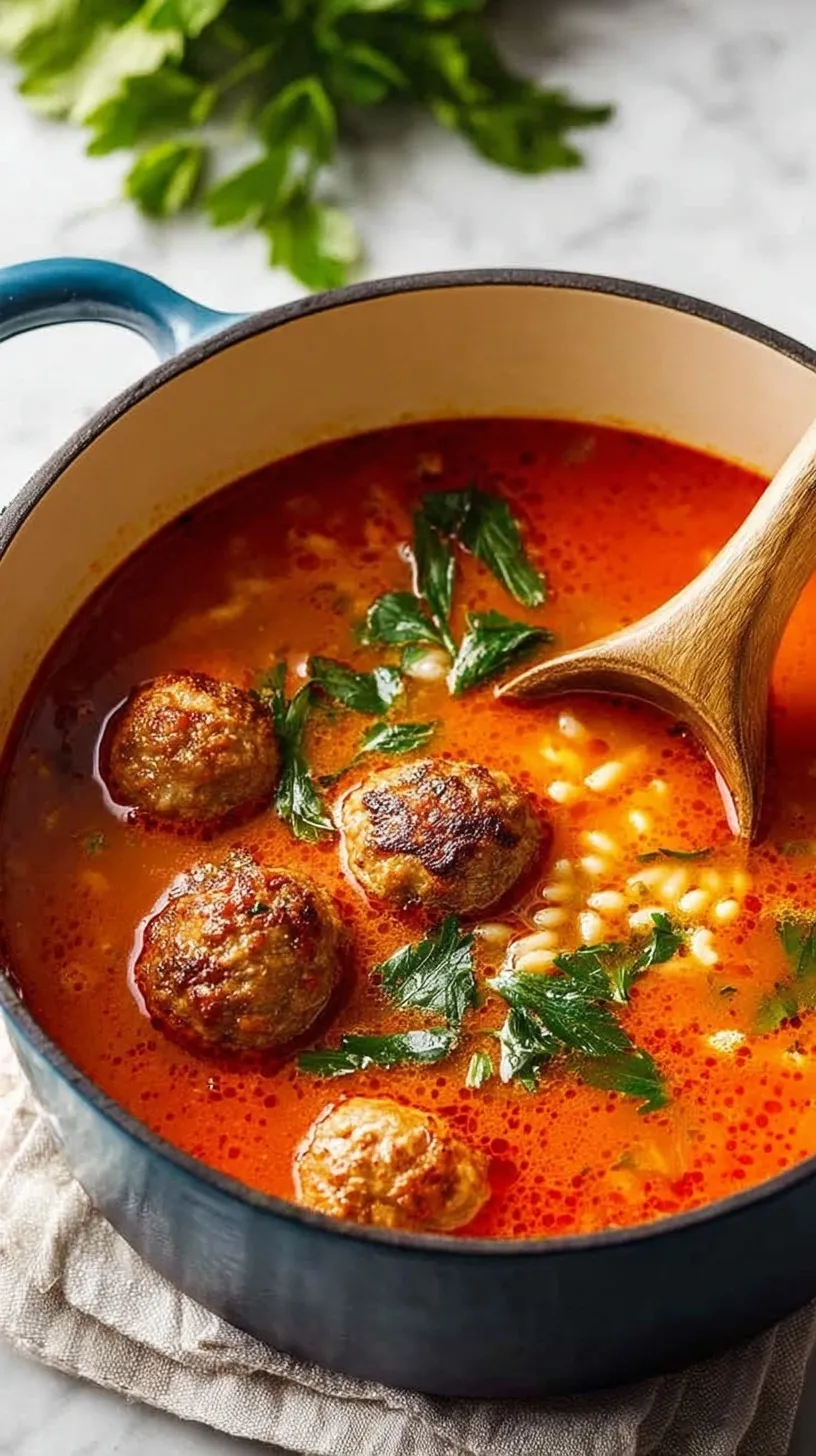 A bowl of classic meatball soup with ditalini pasta and fresh spinach in a clear broth.