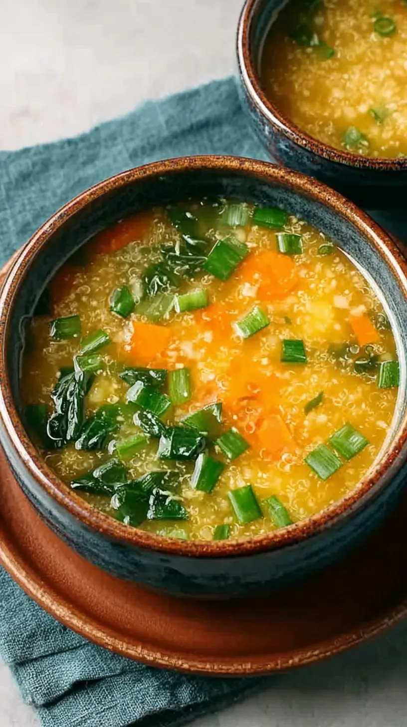 A steaming mug of golden medicinal veggie broth with fresh herbs