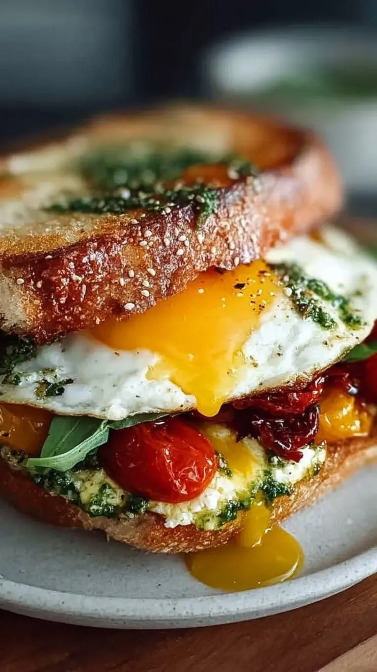 A toasted ciabatta sandwich filled with soft scrambled eggs, wilted spinach, sun-dried tomatoes, and crumbled feta cheese.