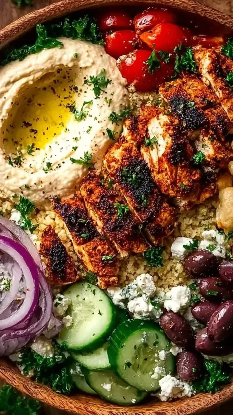 A vibrant Mediterranean chicken bowl with grilled chicken, quinoa, and fresh vegetables in a white ceramic bowl.