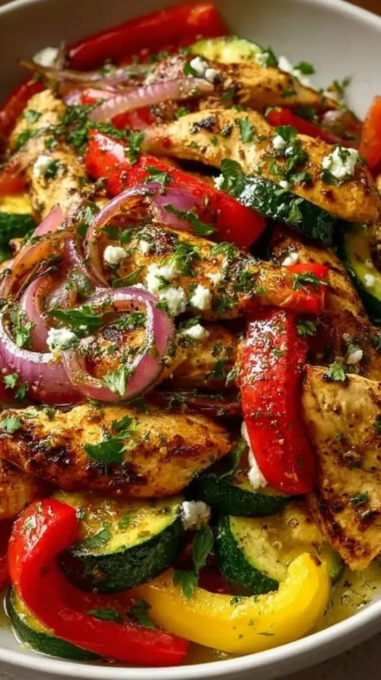 A colorful Mediterranean chicken stir-fry with zucchini, peppers, and feta in a skillet.