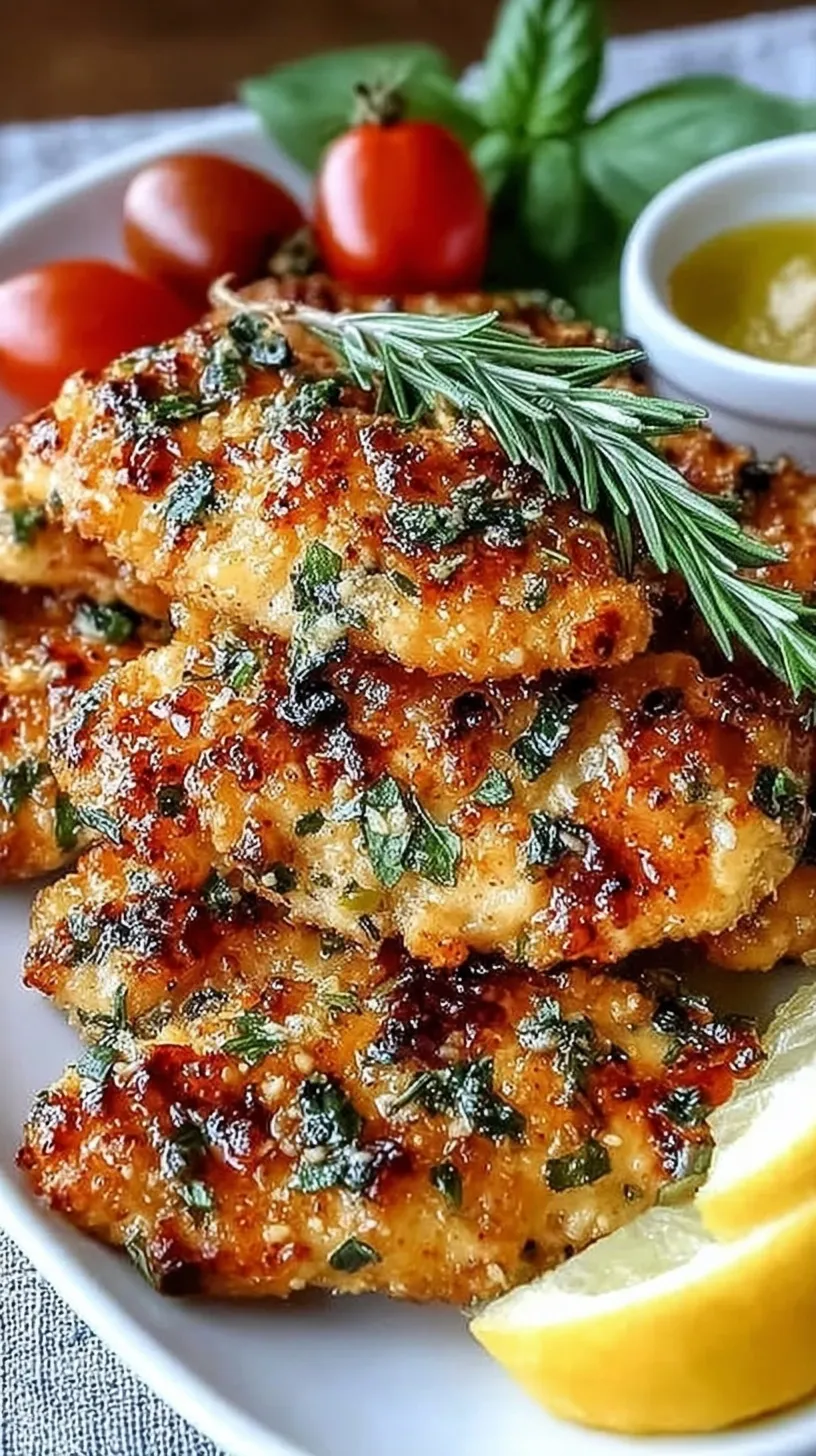Golden brown pan-seared Mediterranean chicken tenders on a white plate with lemon wedges