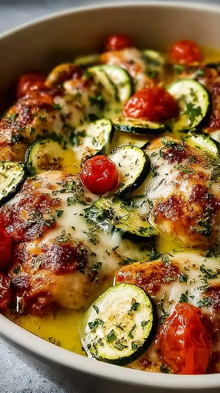 A colorful tray of roasted chicken, sliced zucchini, cherry tomatoes, and crumbled feta cheese.