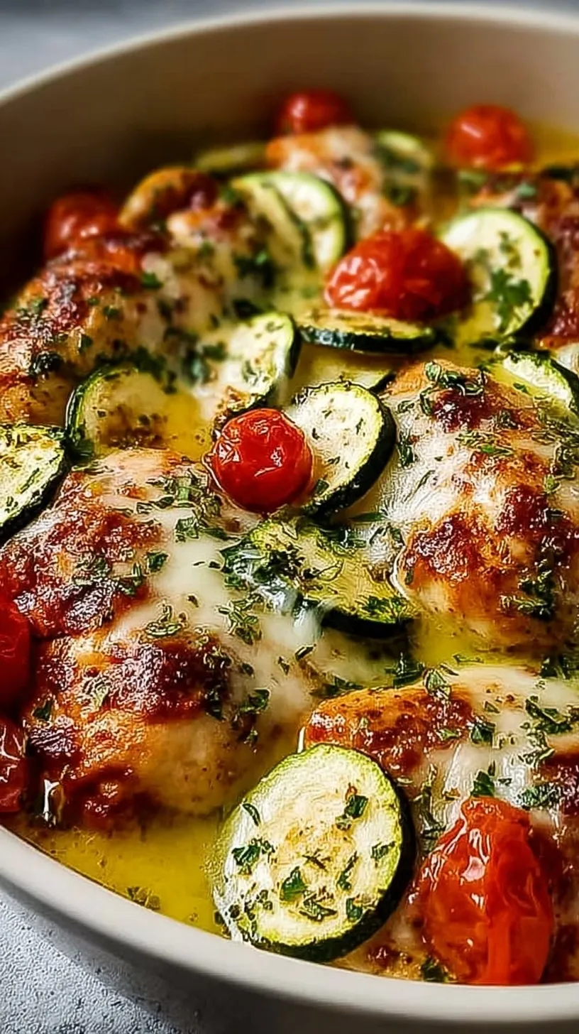 A colorful tray of roasted chicken, sliced zucchini, cherry tomatoes, and crumbled feta cheese.