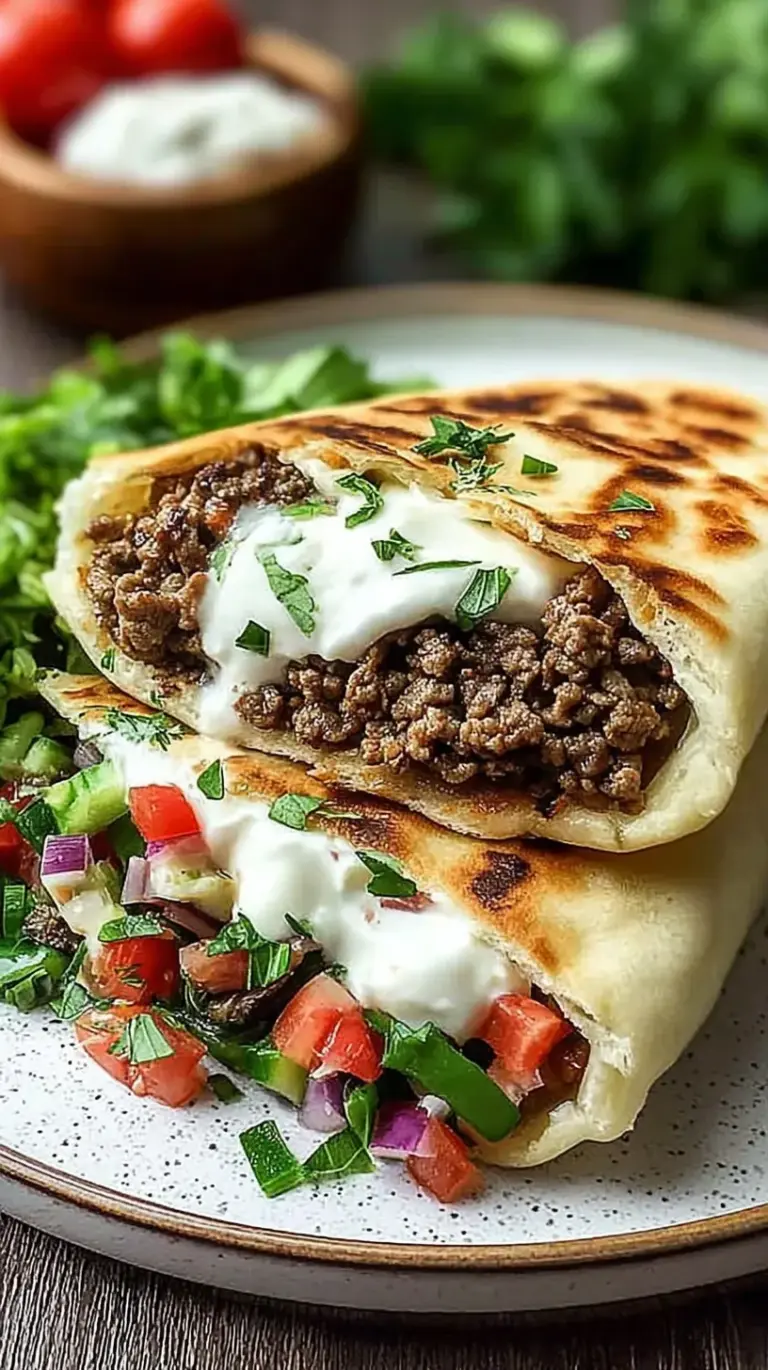 Mediterranean ground beef pita pockets stuffed with fresh vegetables and creamy tzatziki sauce on a white plate.