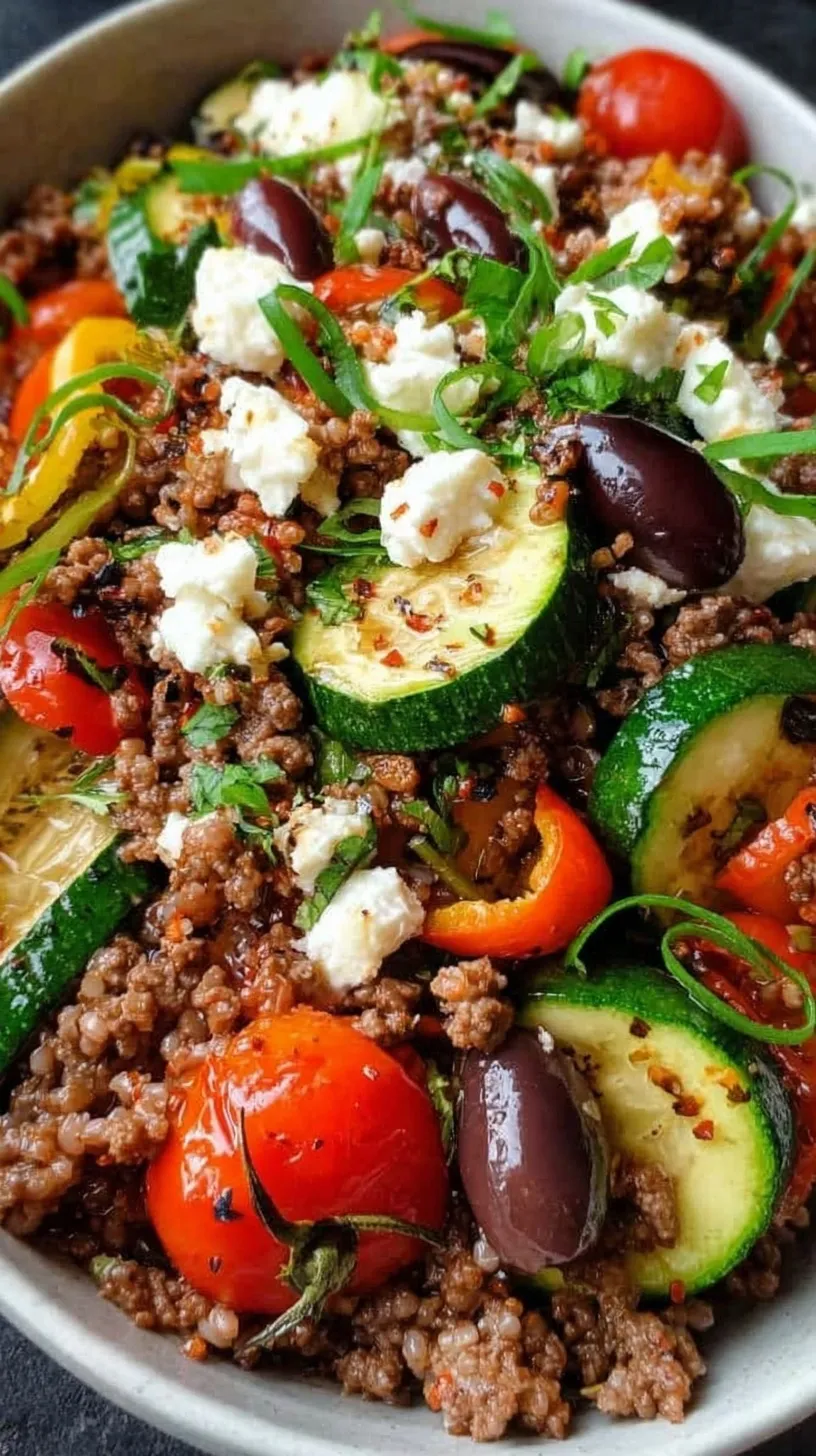 A colorful skillet of Mediterranean ground beef stir fry with zucchini, peppers, and feta cheese