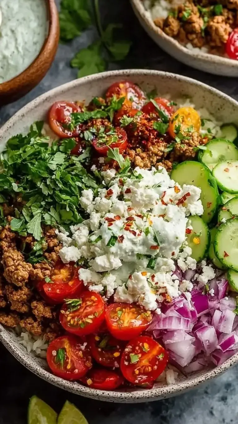 A vibrant Mediterranean ground turkey bowl with quinoa, fresh cucumbers, tomatoes, and a dollop of tzatziki.