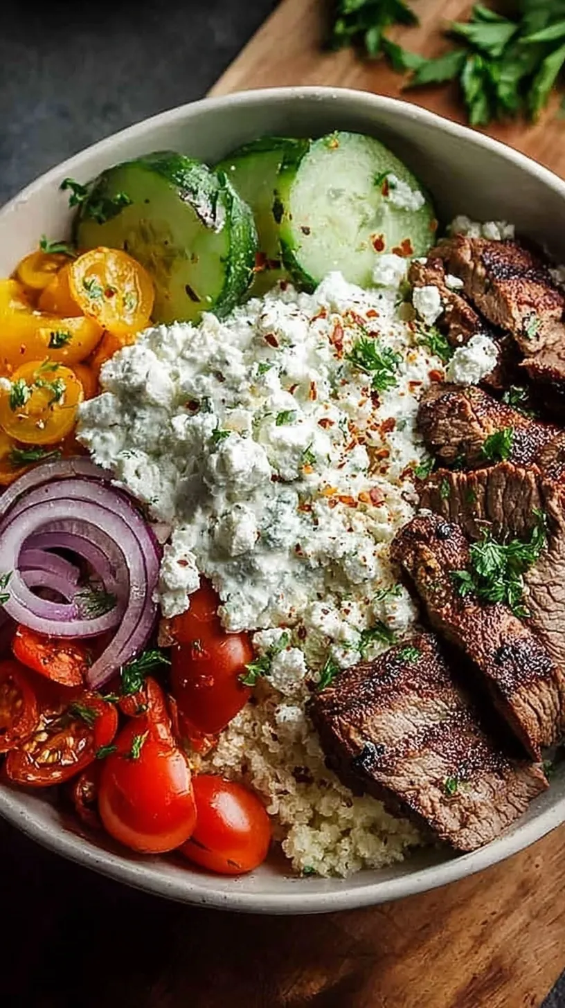 A vibrant Mediterranean Gyro Bowl with seasoned meat, cucumbers, tomatoes, and tzatziki