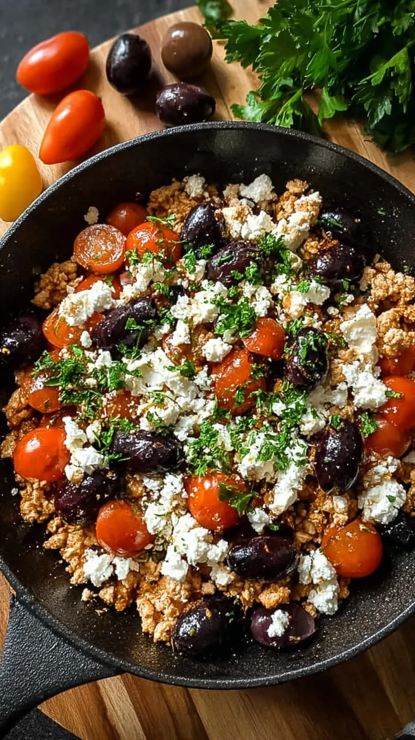 A colorful Mediterranean ground chicken skillet with zucchini, red peppers, olives, and feta cheese