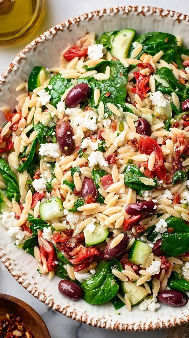 A colorful Mediterranean orzo salad with cucumbers, tomatoes, olives, and feta in a bowl