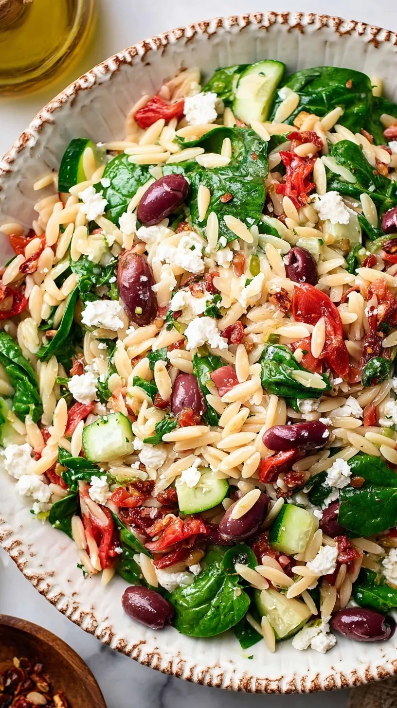 A colorful Mediterranean orzo salad with cucumbers, tomatoes, olives, and feta in a bowl