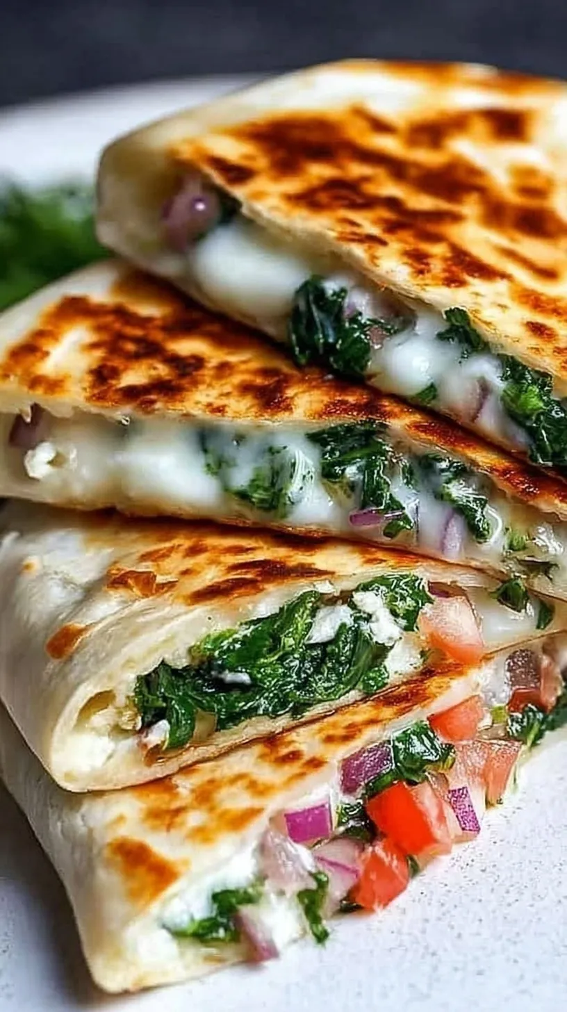 A crispy golden Mediterranean Quesadilla sliced into wedges on a wooden board with spinach and feta filling showing.