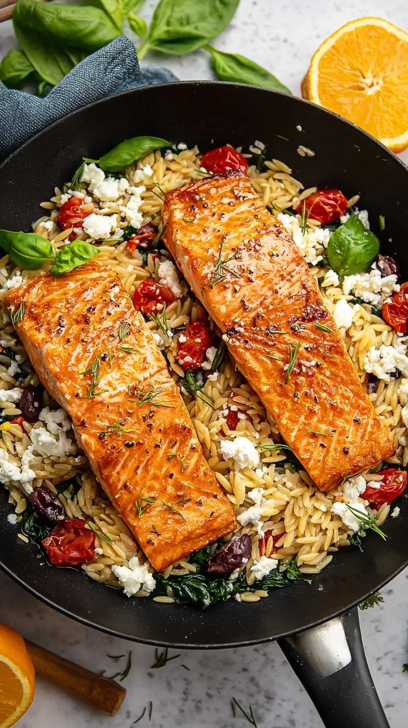 Pan-seared salmon fillets resting on a bed of lemon orzo with spinach, tomatoes, and feta cheese in a black skillet.