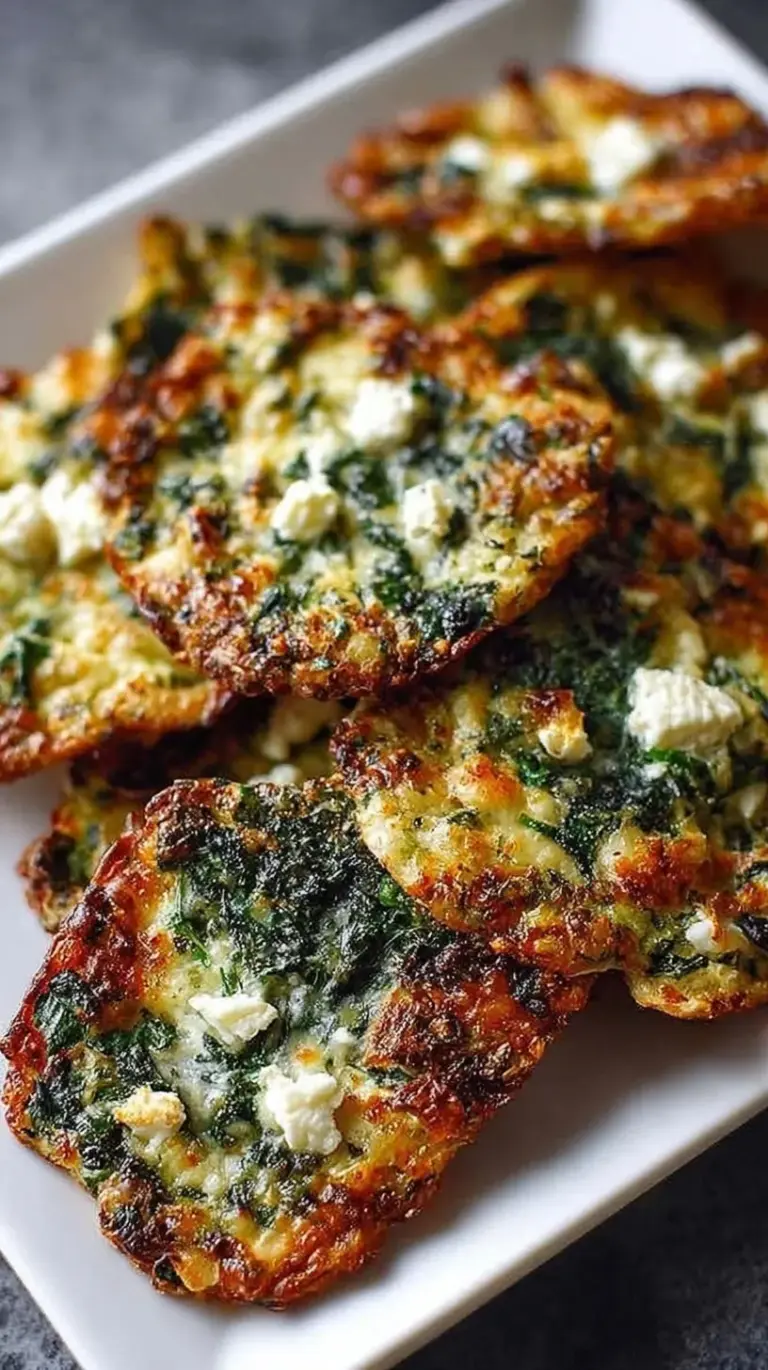 Golden brown spinach and feta cheese crisps on a parchment-lined baking sheet.