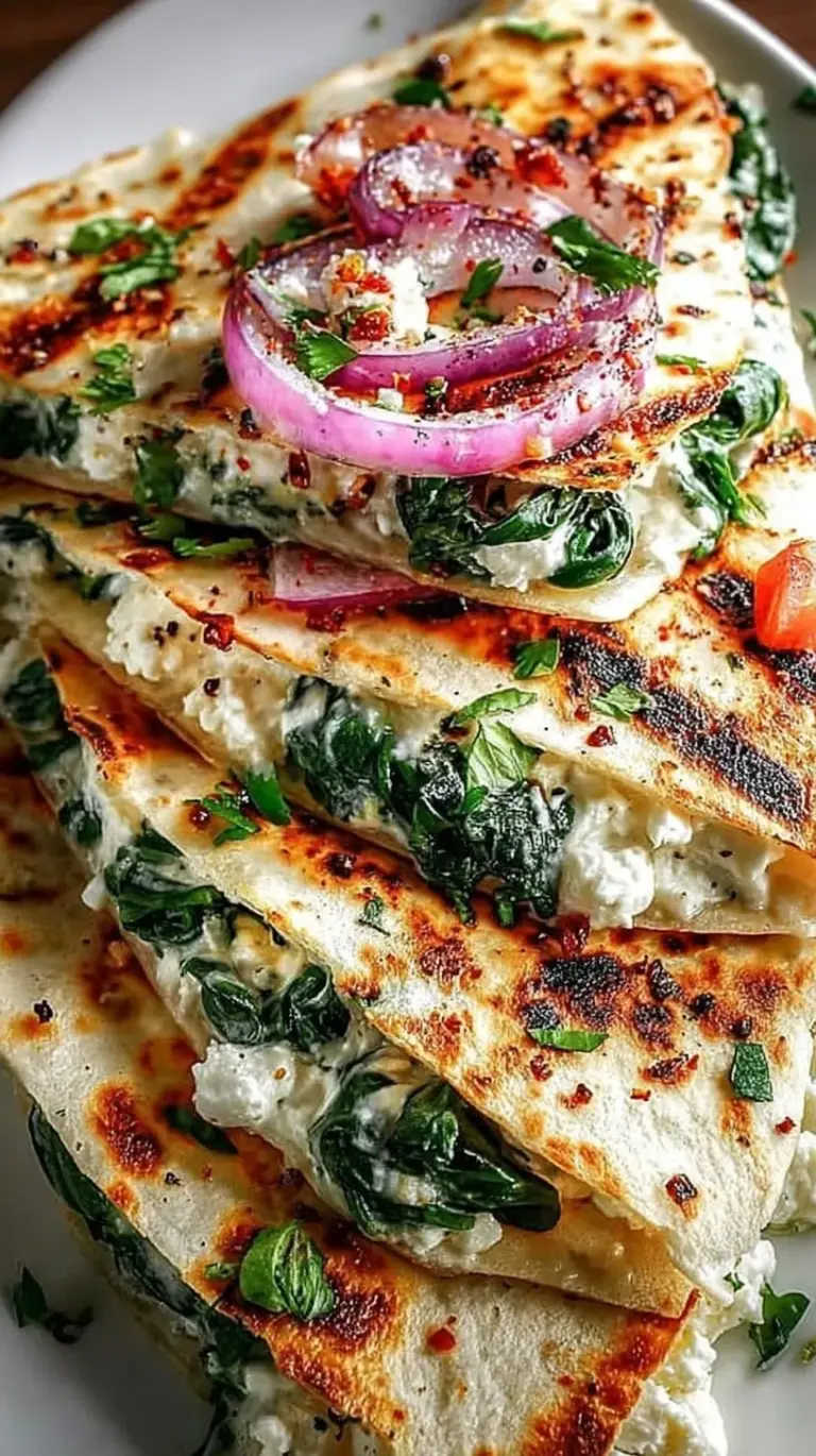 Golden brown Mediterranean Spinach Feta Quesadillas sliced into wedges on a wooden board with fresh spinach leaves.