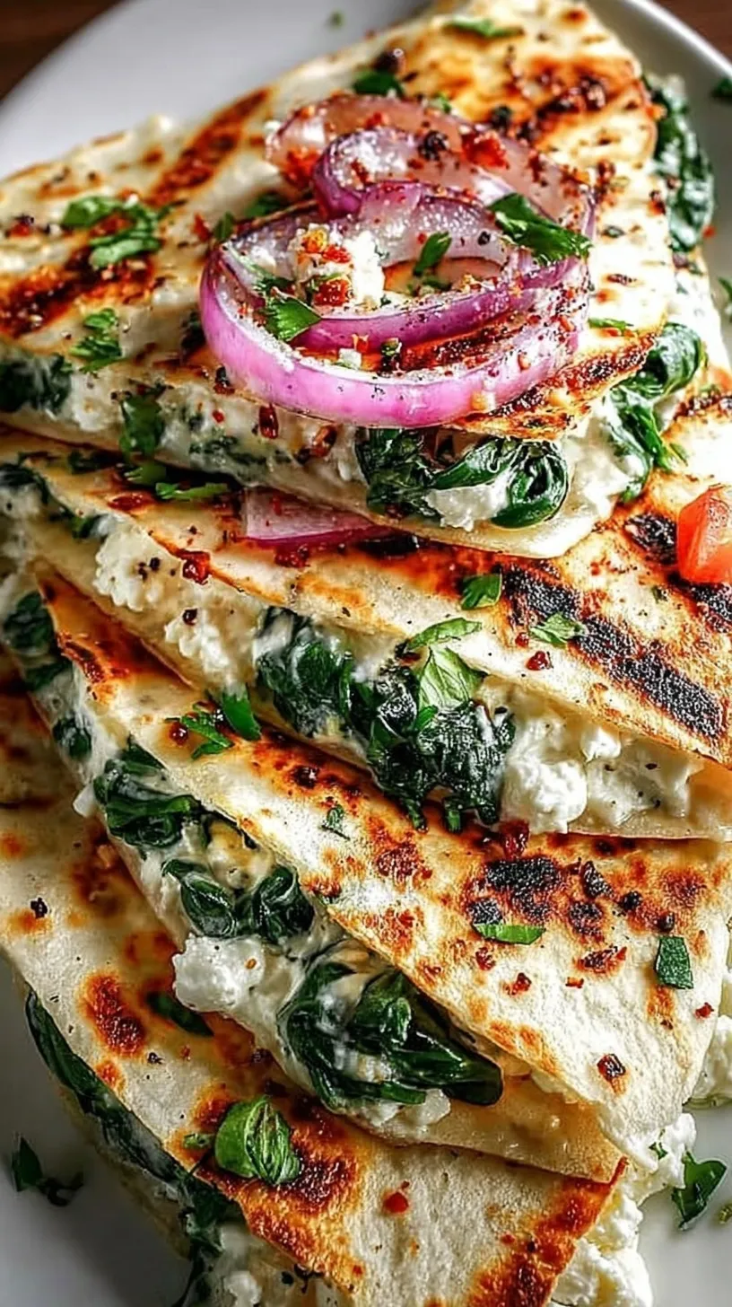 Golden brown Mediterranean Spinach Feta Quesadillas sliced into wedges on a wooden board with fresh spinach leaves.
