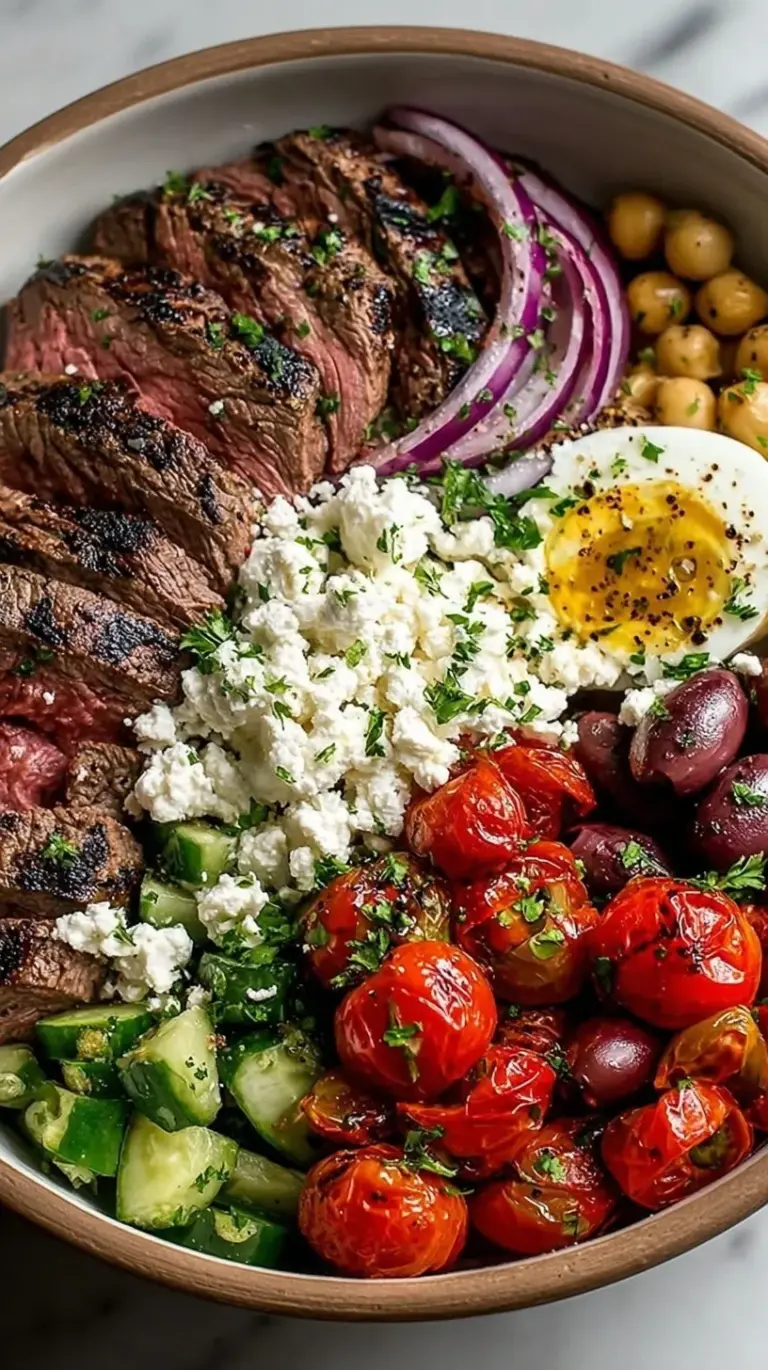 A vibrant Mediterranean Steak Bowl with sliced steak, quinoa, cucumbers, tomatoes, and feta cheese.