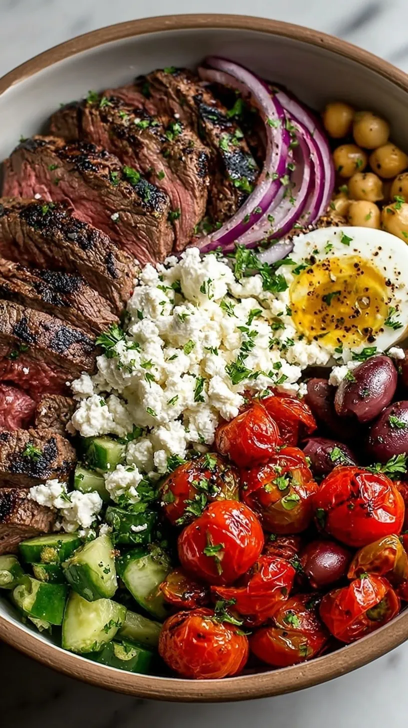 A vibrant Mediterranean Steak Bowl with sliced steak, quinoa, cucumbers, tomatoes, and feta cheese.
