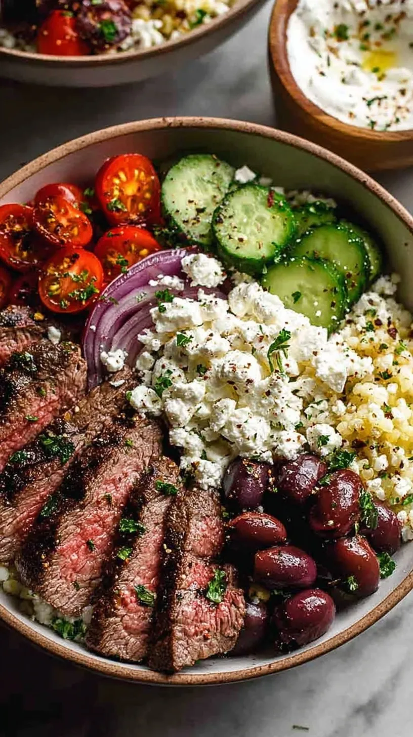 A colorful Mediterranean steak bowl with quinoa, sliced sirloin, cucumber, tomatoes, and tzatziki sauce.