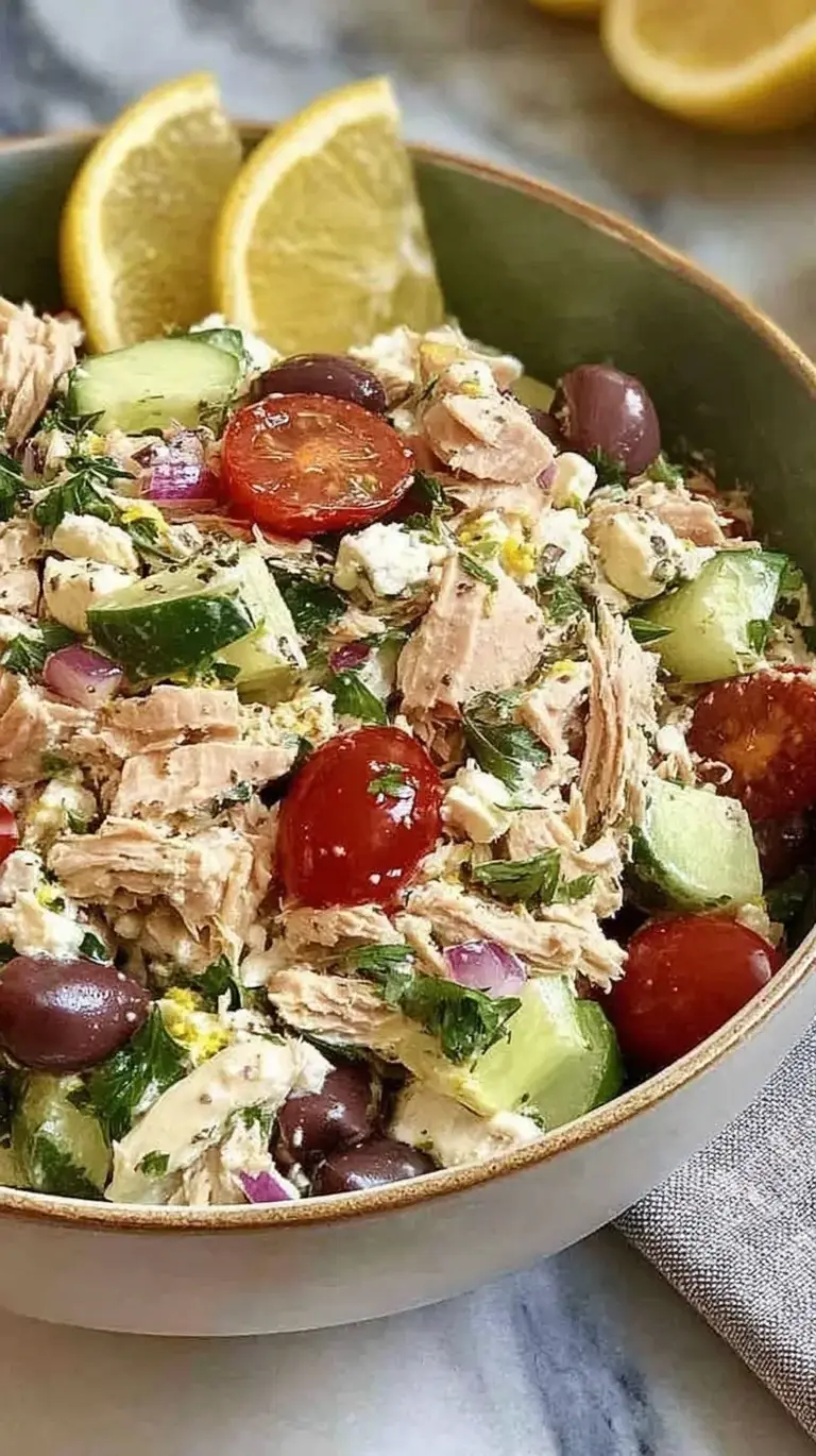 A bright bowl of Mediterranean tuna salad with cherry tomatoes, cucumbers, and olives.