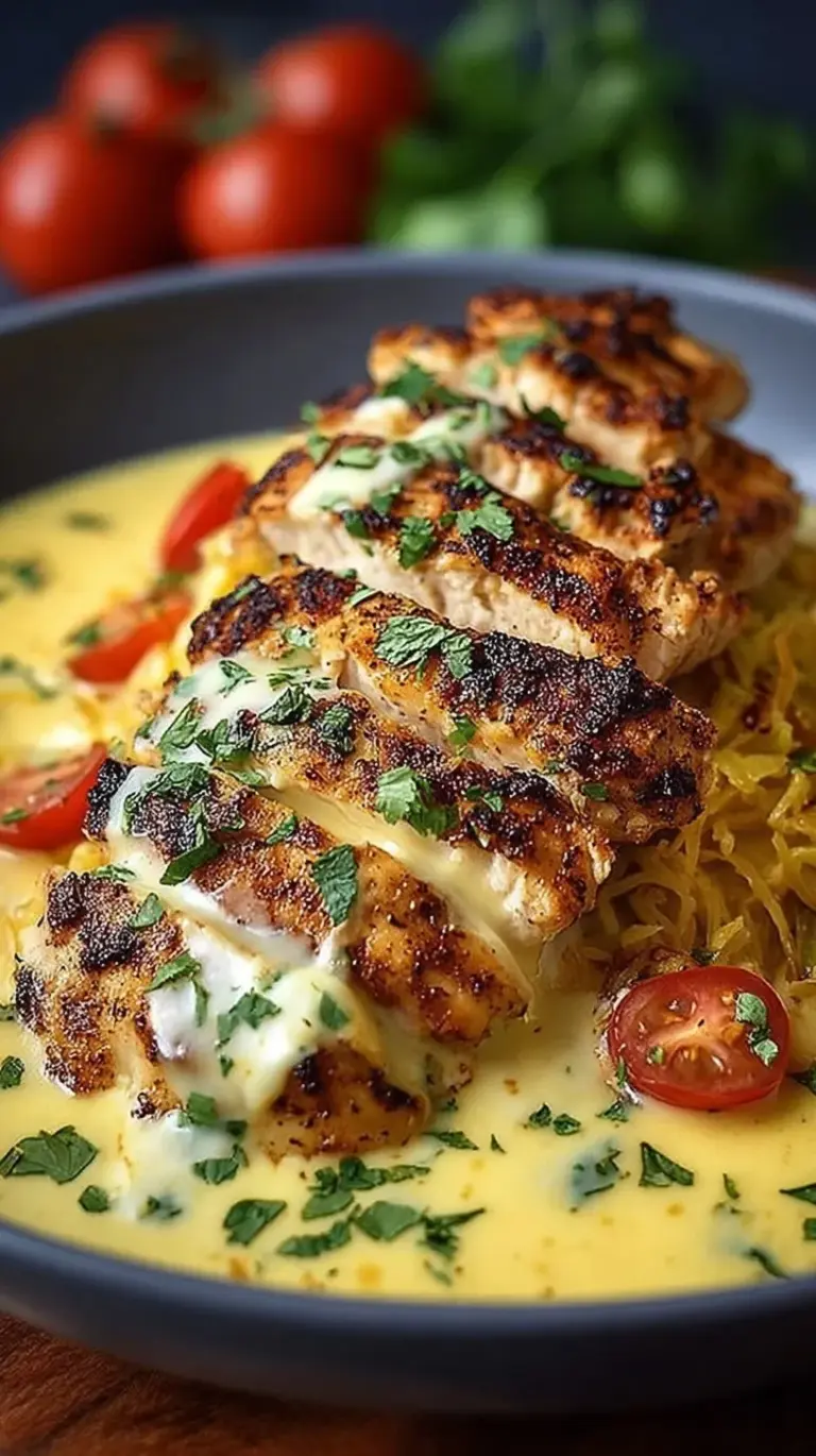 Sliced seasoned chicken over Mexican rice topped with creamy white cheese sauce and green chilies