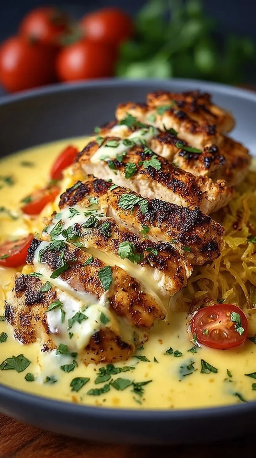 Sliced seasoned chicken over Mexican rice topped with creamy white cheese sauce and green chilies