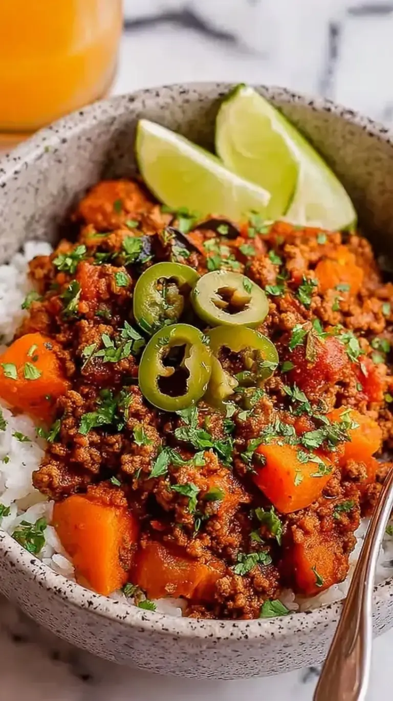 A skillet of Mexican Picadillo with ground beef, diced potatoes, carrots, and peas in a tomato sauce.