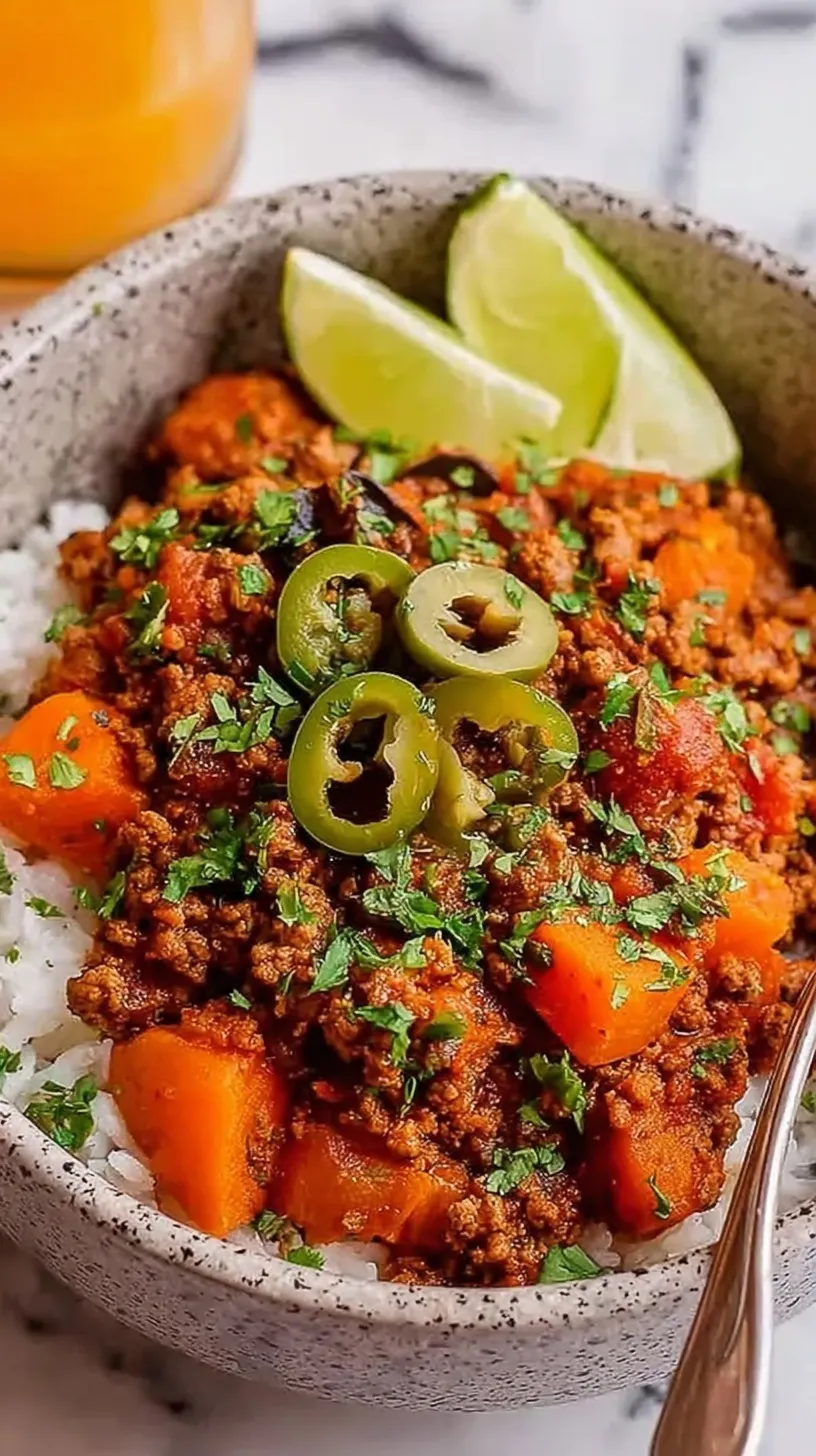 A skillet of Mexican Picadillo with ground beef, diced potatoes, carrots, and peas in a tomato sauce.