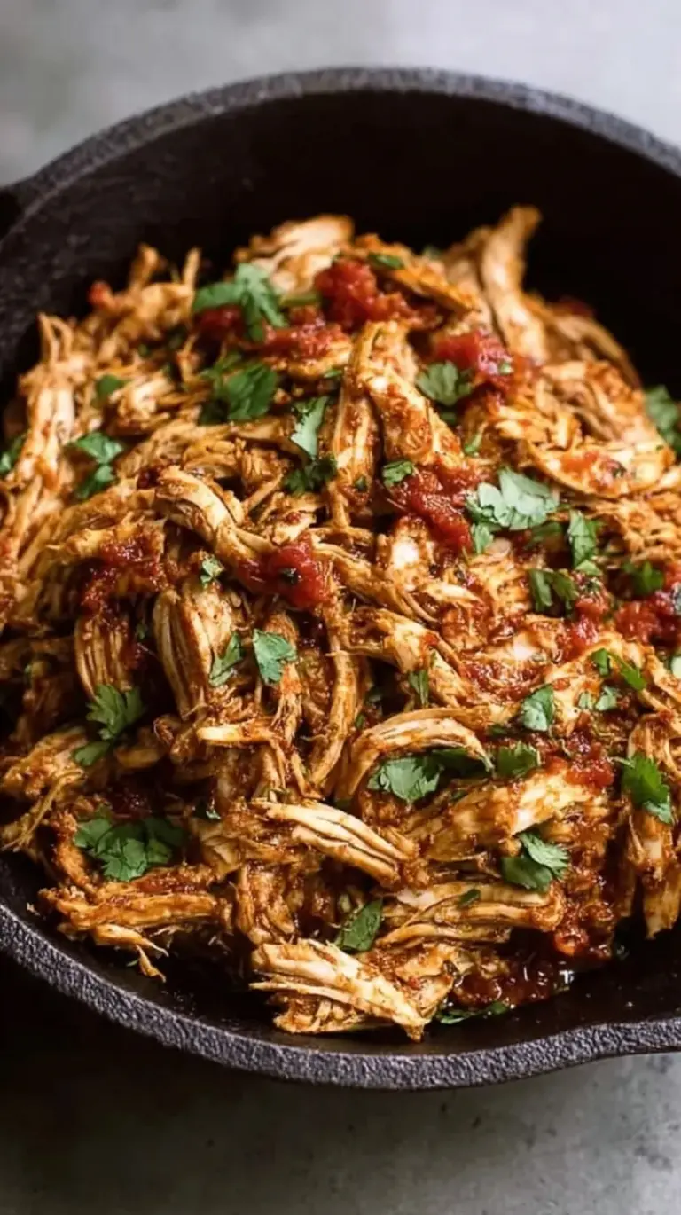 A pot of juicy Mexican shredded chicken topped with fresh cilantro and lime