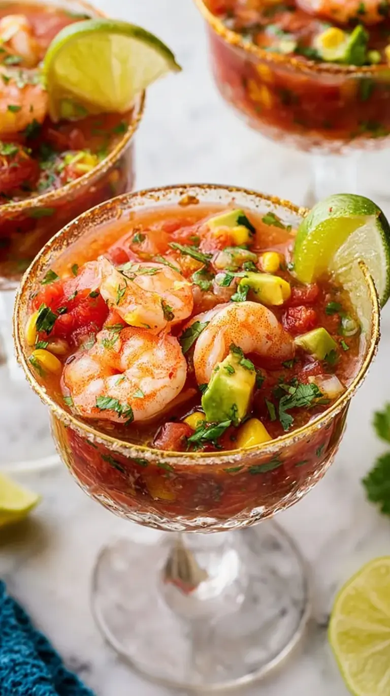 A glass filled with Mexican shrimp cocktail, diced avocado, and cucumber in a red sauce.