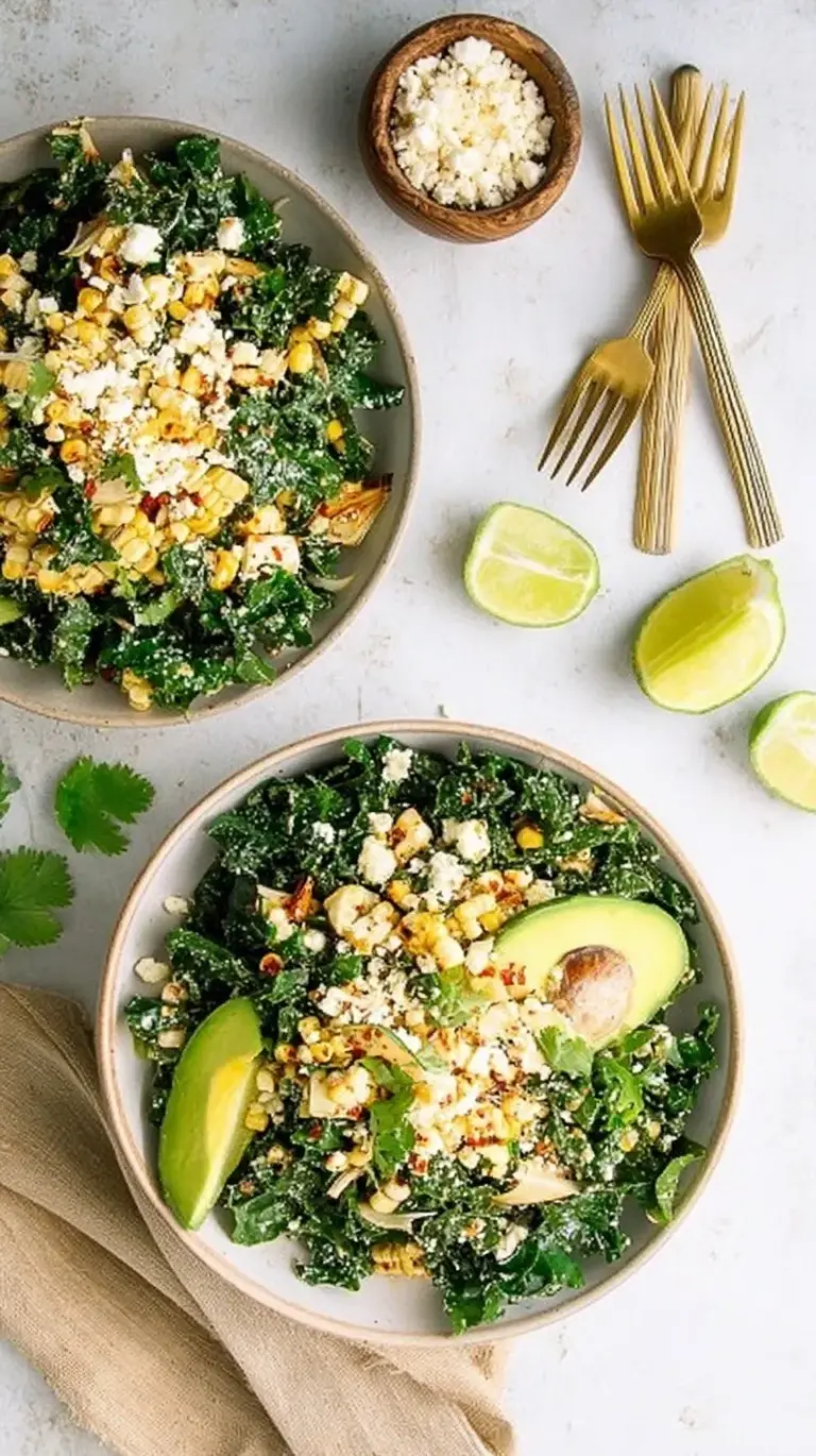 A vibrant bowl of Mexican street corn kale salad with charred corn and cotija cheese