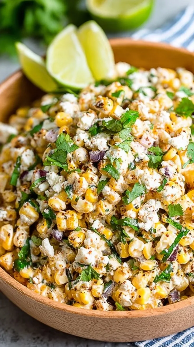 A bowl of charred Mexican street corn salad with cotija cheese and cilantro