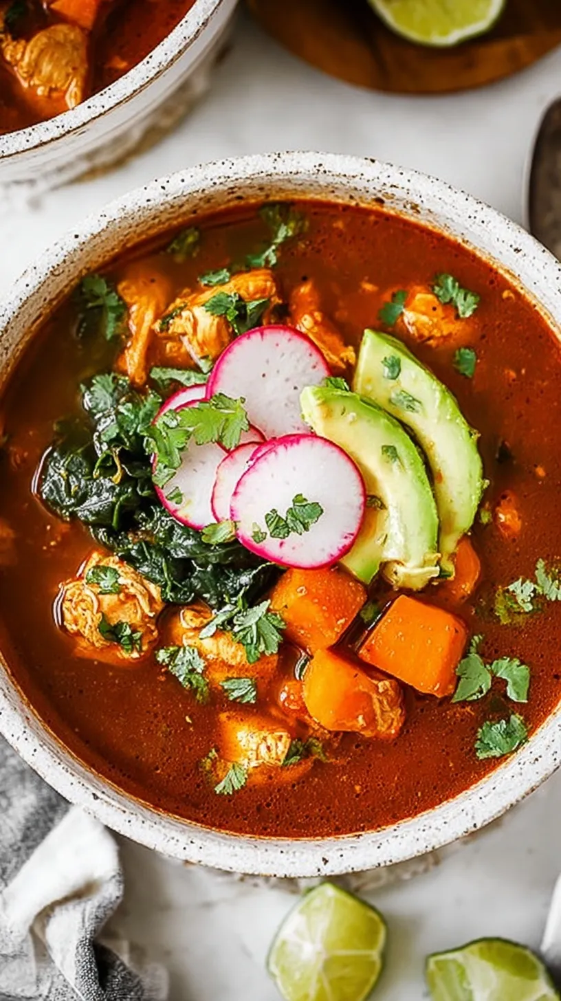 A steaming bowl of Mexican Sweet Potato Chicken Soup topped with fresh cilantro and lime.