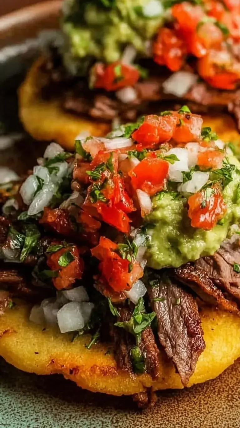 Crispy corn tostadas topped with grilled steak cubes, creamy beans, and fresh avocado slices