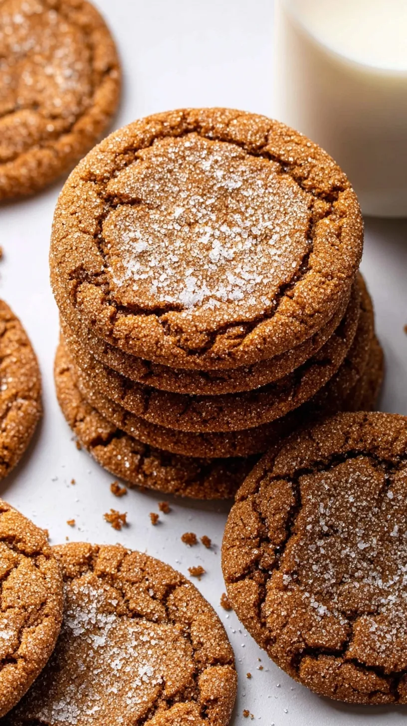 A stack of soft molasses cookies with crackled tops and sugar coating on a wire rack.