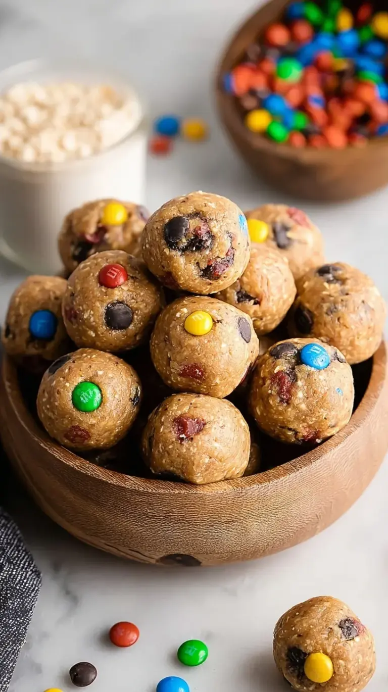 A plate of colorful monster cookie protein balls with chocolate chips and mini M&Ms