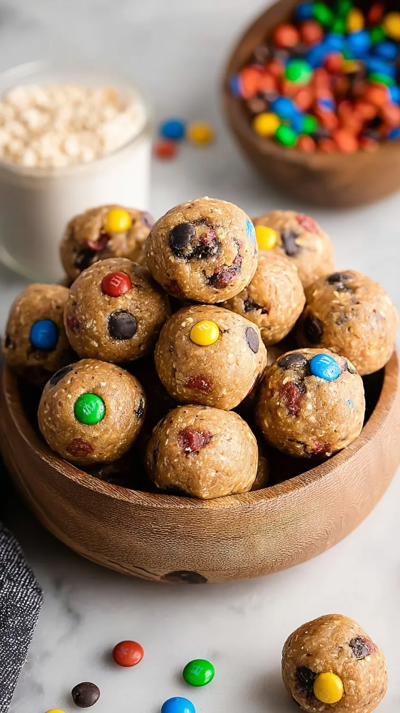 A plate of colorful monster cookie protein balls with chocolate chips and mini M&Ms